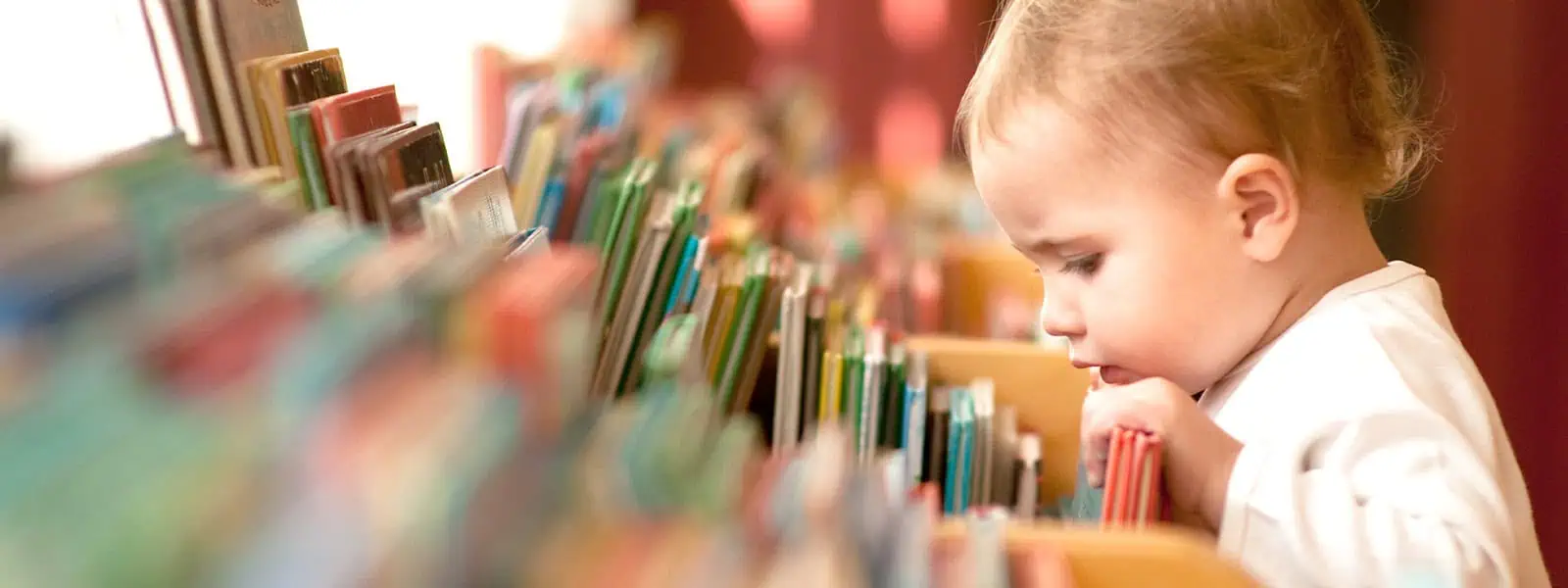 Colorful children's books at Monkey Puzzle Day Nurseries library for early childhood learning and development.