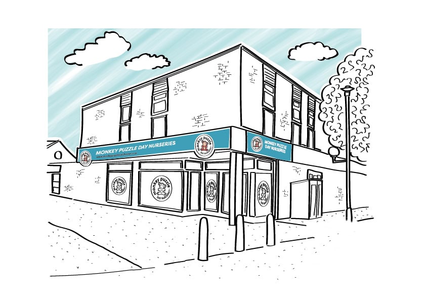 Bright and welcoming exterior of Monkey Puzzle Stanway nursery, featuring colorful signage and a modern building design.