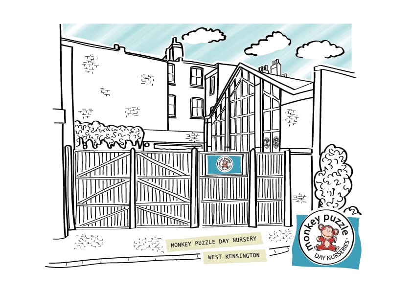 Bright, welcoming exterior of Monkey Puzzle Olympia nursery in West Kensington with secure fencing and colorful signage.