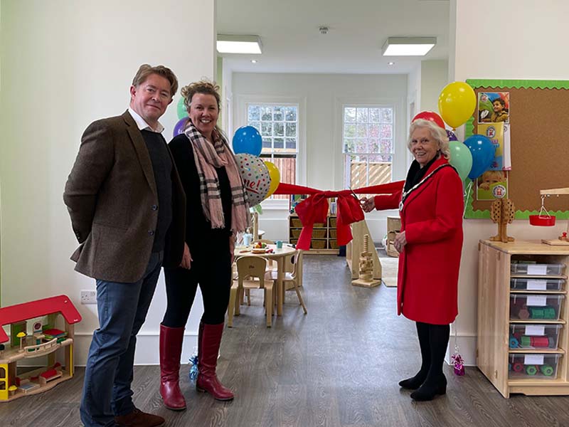 Mark and Rebecca Crosby opening Loughton Nursery with local Mayor