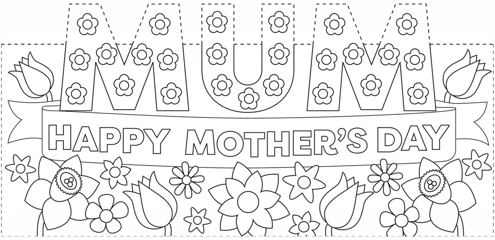 Coloring page featuring "Happy Mother's Day" message with floral decorations and cute tulip illustrations, ideal for children's Mother's Day activity at Monkey Puzzle Day Nurseries.