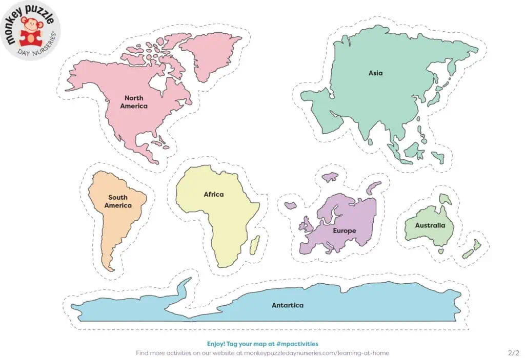 Map of world continents with colorful labels for North America, Europe, Asia, Africa, Australia, South America, Antarctica, suitable for children’s educational activities at Monkey Puzzle Day Nurseries.