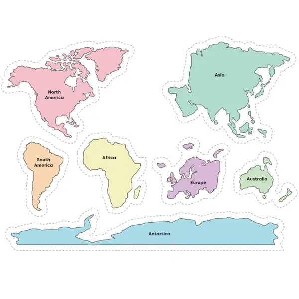 Nursery daycare world map illustration, colorful cartoon-style continents, suitable for children's educational materials, childcare branding, and early learning resources.