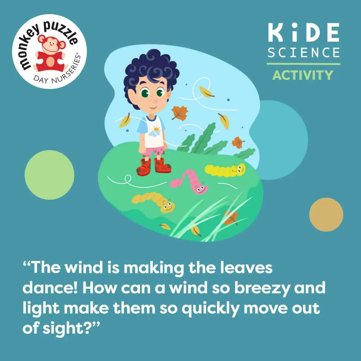 Bright child engaging in fun science activity about wind and leaves at Monkey Puzzle Day Nurseries, ideal for early childhood education and STEM learning.
