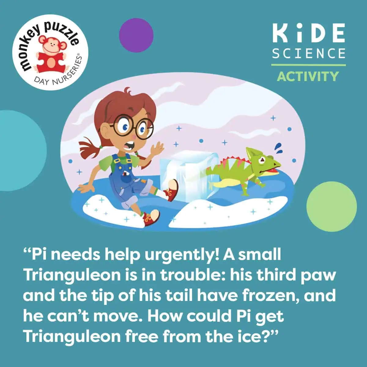 Cute cartoon girl conducting a science activity about ice and dinosaurs at Monkey Puzzle Day Nurseries, promoting early childhood education in STEM and engaging young children with fun, educational activities.