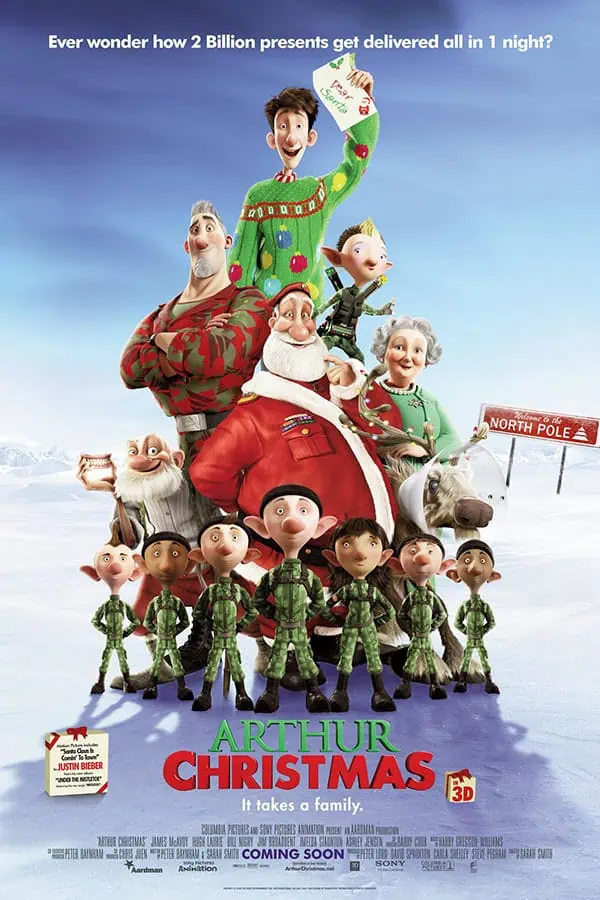 2. Festive holiday movie poster featuring Santa Claus, elves, and Christmas characters in a snowy landscape, promoting the family-friendly film "Arthur Christmas.".