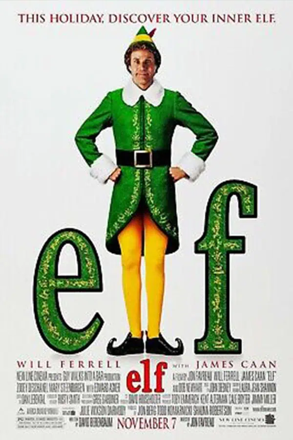 Elf costume worn by actor in movie poster, colorful Christmas elf attire for holiday festive themed image.