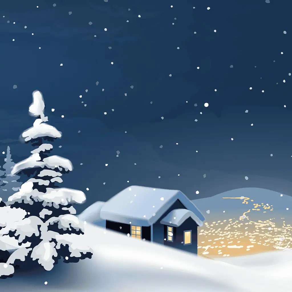Snow-covered pine tree and cozy house in winter landscape at night, scenic snowy scene, peaceful wilderness setting, outdoor winter scenery, festive holiday atmosphere, wintertime tranquility, nighttime snowstorm, seasonal outdoor environment, Christmas winter scene, nursery winter theme image, winter adventure, cozy winter night.