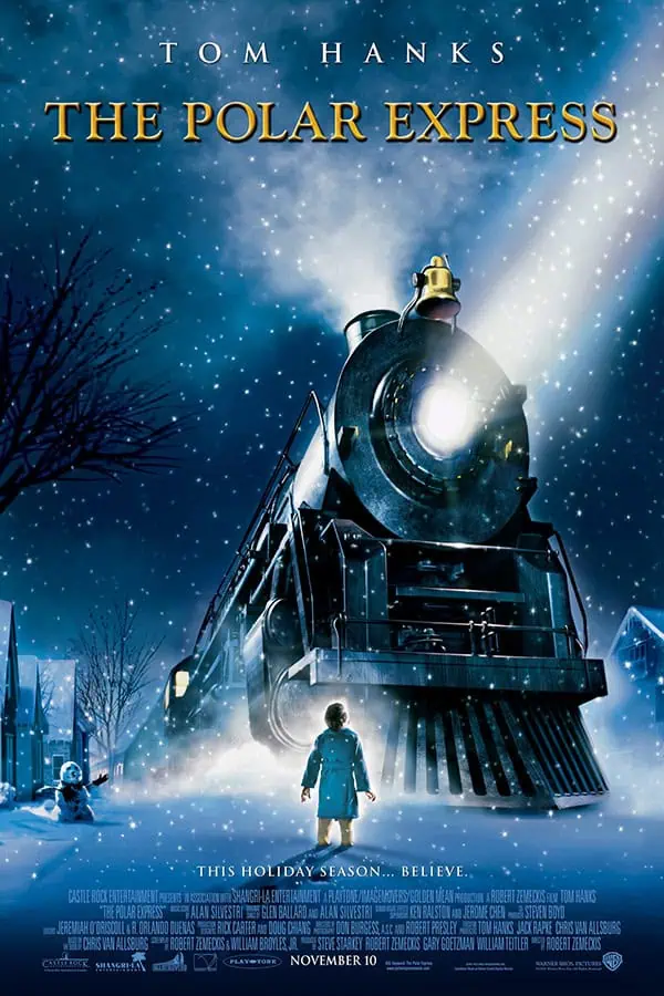 A snowy scene with a large, vintage steam train in motion, a child in a blue coat watching it, under a starry winter sky. Perfect for capturing holiday magic and adventure themes.