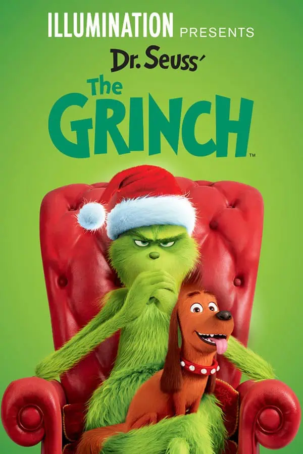 Dr. Seuss The Grinch Christmas movie poster, festive holiday theme, animated characters, Christmas celebration, green creature with red Santa hat, joyful and humorous scene, perfect for children's Christmas events, holiday season.