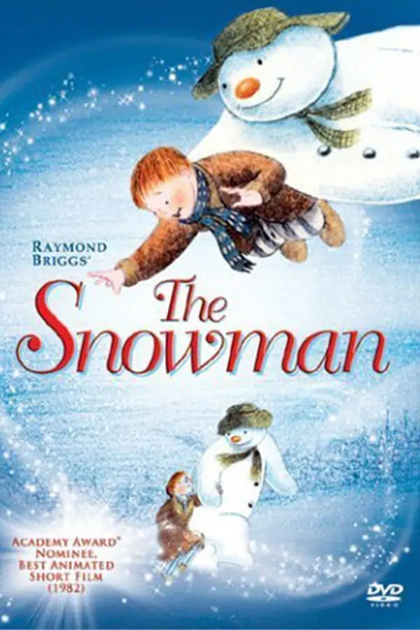 A snowman and children in a winter scene, representing the classic story "The Snowman" by Raymond Briggs, ideal for preschool children’s stories and early childhood education.