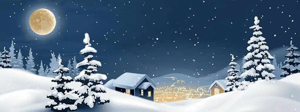 Snow-covered trees and cozy houses under a full moon in a festive winter night scene for Monkey Puzzle Day Nurseries.