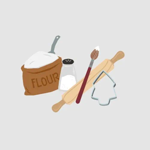 Bag of flour, rolling pin, pastry brush, cookie cutter, and salt shaker, symbolizing baking activities.