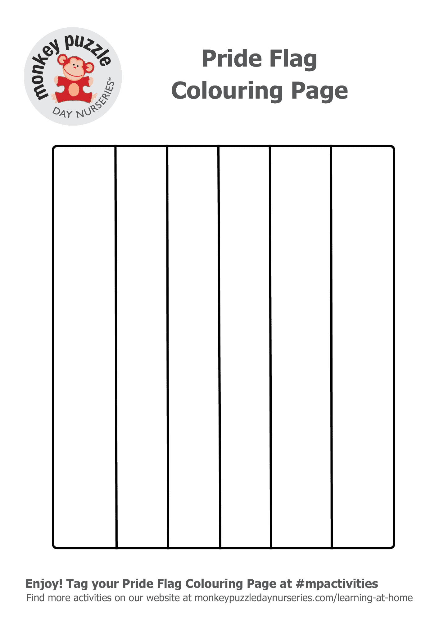 Pride flag coloring page for children's activities at Monkey Puzzle Day Nurseries, encouraging fun and inclusive learning about LGBTQ+ pride and diversity for early childhood education.
