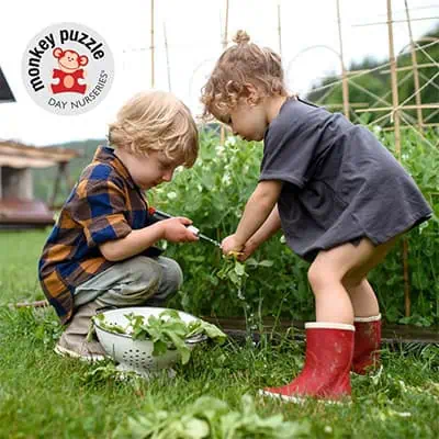 Bright young children exploring a vegetable garden during outdoor activities at Monkey Puzzle Day Nurseries. Engaging in hands-on learning in a safe and nurturing environment for early childhood development.