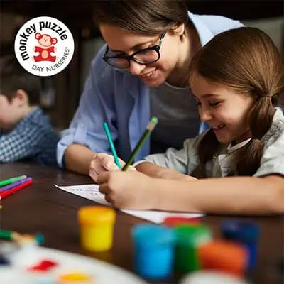 Colorful classroom activities at Monkey Puzzle Day Nurseries with happy children and caring staff fostering early childhood development.