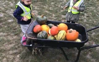 Colorful pumpkins in a wheelbarrow with young children at Monkey Puzzle Day Nurseries during autumn. Kids enjoy outdoor seasonal activities in a safe, playful environment.
