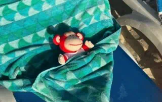 Marvin relaxing by the pool A monkey plush toy relaxing on a beach chair with a colorful towel, highlighting outdoor childcare activities at Monkey Puzzle Day Nurseries. Perfect for promoting children's play spaces and nursery environment.