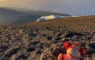 Marvin climbing mountains Brightly colored monkey plush toy sitting on rocky terrain with a scenic mountain and cloud view at sunrise or sunset, perfect for children's play and educational purposes.