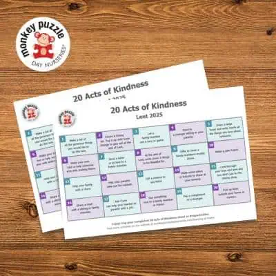 Brightly lit image of a printed "20 Acts of Kindness" chart for children, highlighting the nurturing environment and educational focus at Monkey Puzzle Day Nurseries.