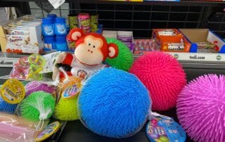 Colorful sensory toys, including textured balls, a plush monkey, and rubber spiky balls, are displayed on a store shelf at Monkey Puzzle Day Nurseries, ideal for early childhood development and play activities.