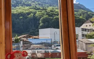 Cute red monkey plush toy held up near a wooden window with a scenic mountain view and lush green trees in the background.