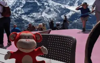 Colorful plush monkey toy on a picnic table in front of Mont Blanc mountains, showcasing a child-friendly environment at Monkey Puzzle Day Nurseries, ideal for early childhood development and outdoor activities.