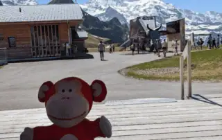 Colorful monkey plush toy on wooden deck with snow-capped mountains and modern wooden buildings at Monkey Puzzle Day Nurseries in a scenic outdoor setting.