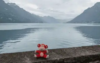 A plush monkey toy sitting on a stone ledge by a calm lake with mountain scenery and cloudy sky in the background, ideal for children's toys or outdoor exploration imagery.