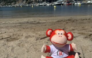 Colorful Monkey Puzzle Day Nursery plush toy sitting on sandy beach with marina and boats in the background, promoting early childhood care and outdoor play at Monkey Puzzle Day Nurseries.