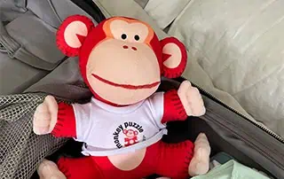 Marvin-in-Portugual-2 Colorful Monkey Puzzle Day Nursery plush toy sitting on sofa, promoting early childhood education and fun learning environments.
