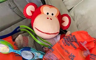 Marvin-in-Portugual Vibrant monkey puzzle plush toy surrounded by colorful educational tools and swimming gear at Monkey Puzzle Day Nurseries, promoting engaging and playful early childhood learning experiences.