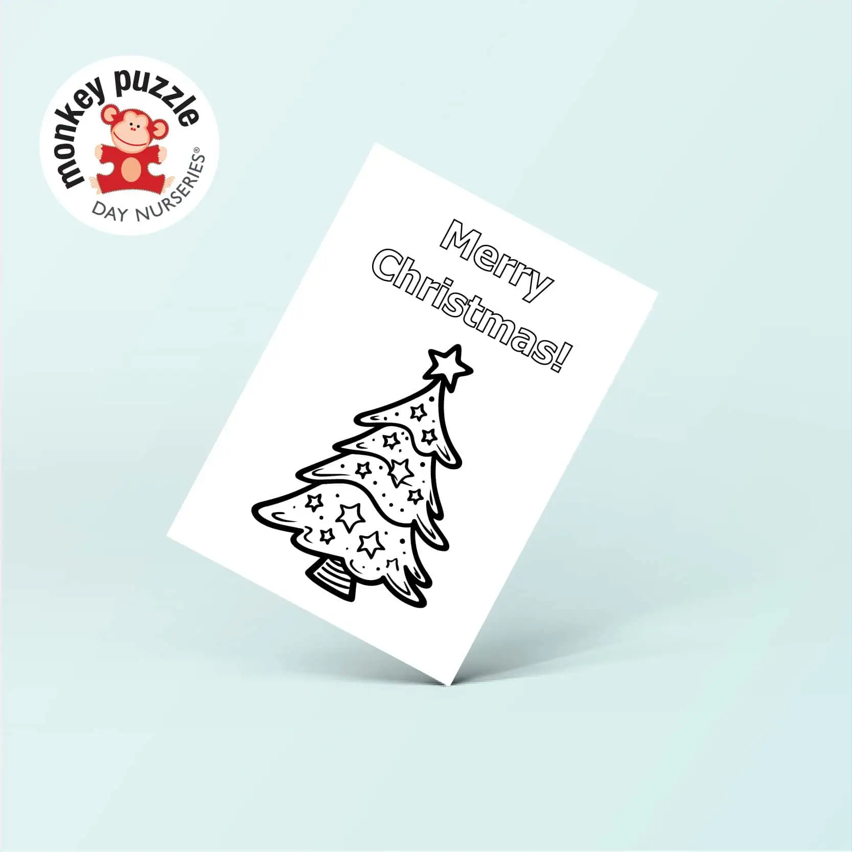 Coloring Christmas card with festive holiday tree and "Merry Christmas" message, perfect for early childhood holiday activities at Monkey Puzzle Day Nurseries.
