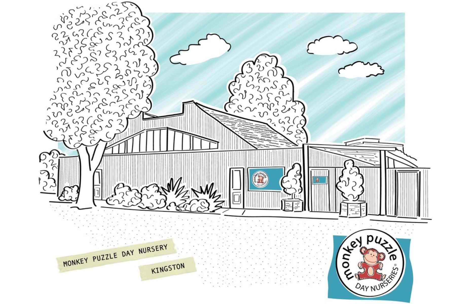 Coloring page illustration of Monkey Puzzle Day Nurseries in Kingston, featuring the nursery building, trees, and sky, designed for children to color and engage with early childhood education themes.