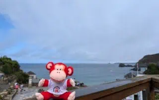 Playful monkey plush toy with Monkey Puzzle Day Nurseries logo, sitting on a wooden railing overlooking a seaside landscape with a cloudy sky and rocky coastline.
