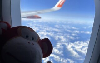 Fluffy monkey plush toy sitting by airplane window with clouds and blue sky outside, emphasizing early childhood play and adventure at Monkey Puzzle Day Nurseries.