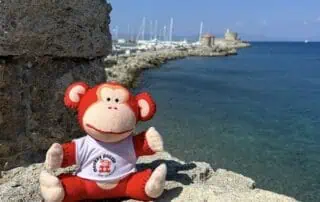Soft plush monkey toy representing Monkey Puzzle Day Nurseries, placed outdoors on stone wall by the coast with marina and blue sky in background.