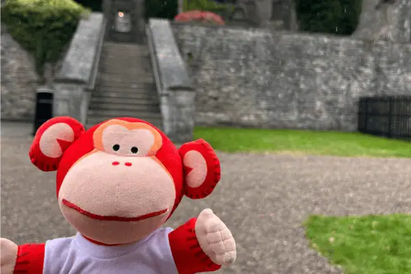 Colorful monkey plush toy outside at Monkey Puzzle Day Nurseries, evoking fun and playfulness for early childhood learning environments.