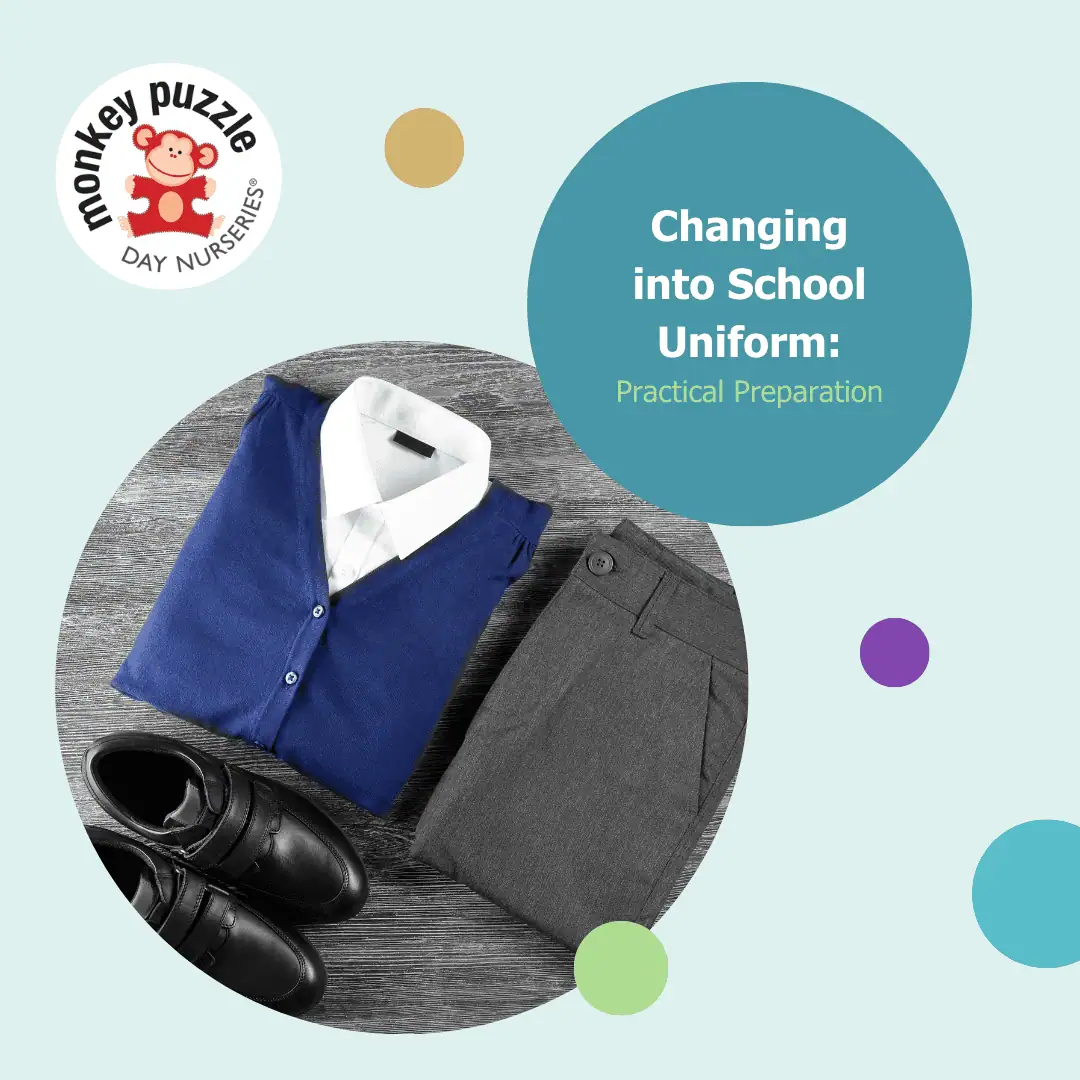 Comfortable school uniform for children, including a white shirt, blue sweater, gray trousers, and black shoes, perfect for transitioning from nursery to primary school.