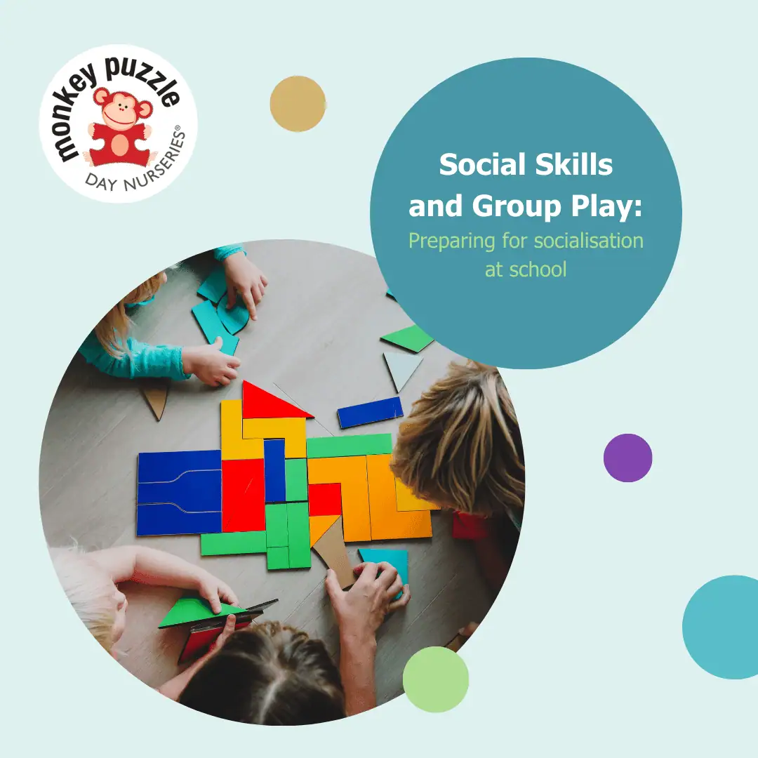 Playing with colorful geometric shapes to develop social skills and group play at Monkey Puzzle Day Nurseries. Preparing children for socialization and teamwork through engaging activities.