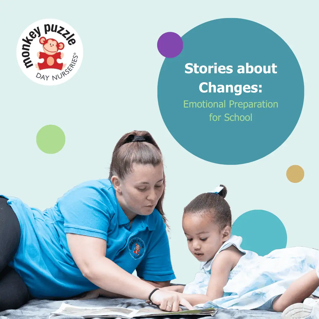 Caregiver reading story to young girl on mat in daycare, promoting emotional readiness for school at Monkey Puzzle Day Nurseries.