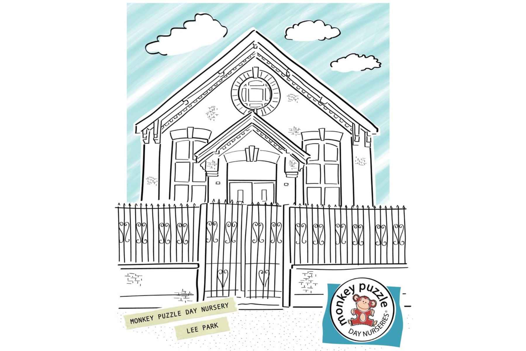Colorful illustrated drawing of Monkey Puzzle Day Nursery building at Lee Park, including the entrance gate, with clear focus on early childhood education and nursery facilities.