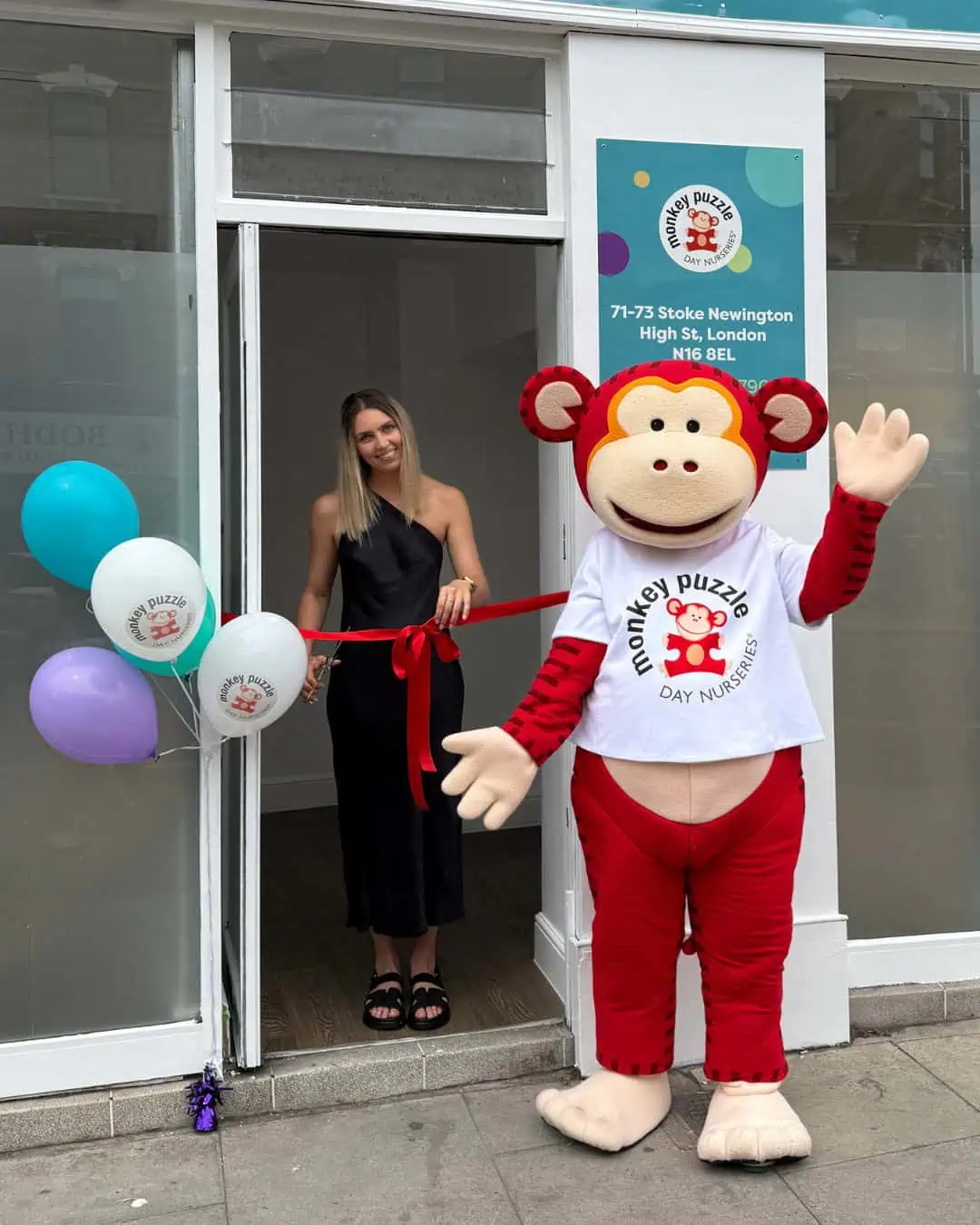 Monkey Puzzle Stoke Newington expands with brand-new preschool building Monkey Puzzle Day Nurseries grand opening celebration with mascot and balloons in London.