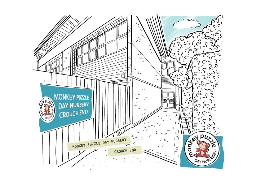 Entrance of Monkey Puzzle Day Nurseries in Crouch End, featuring the nursery's sign and outdoor pathway. Perfect for showcasing early childhood education facilities.