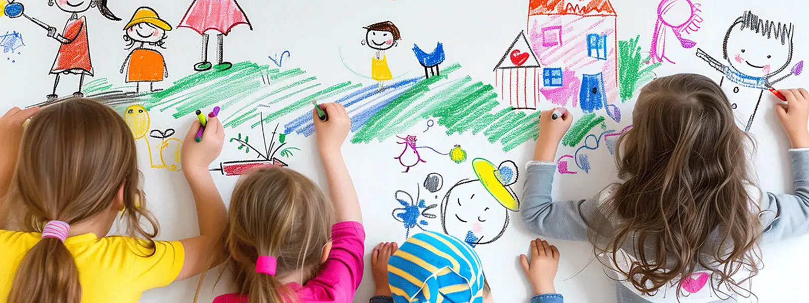 Colorful children's artwork featuring drawings of houses, animals, and happy kids, created by preschoolers for the spring campaign at Monkey Puzzle Day Nurseries.