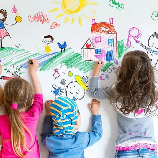 Bright children's artwork displayed on a nursery wall, showcasing creative drawings of houses, sunshine, and playful characters, emphasizing early childhood creativity and development.