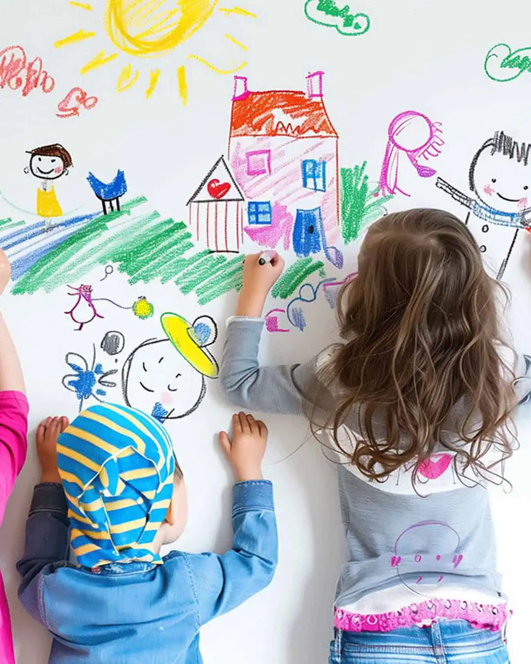 Bright children's artwork featuring a colorful spring scene with a house, sun, and playful characters.