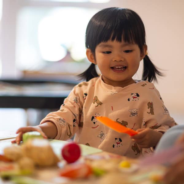 Happy Child at Day Nursery Young girl smiling and playing with toys at Monkey Puzzle Day Nurseries, a safe and engaging environment for children.