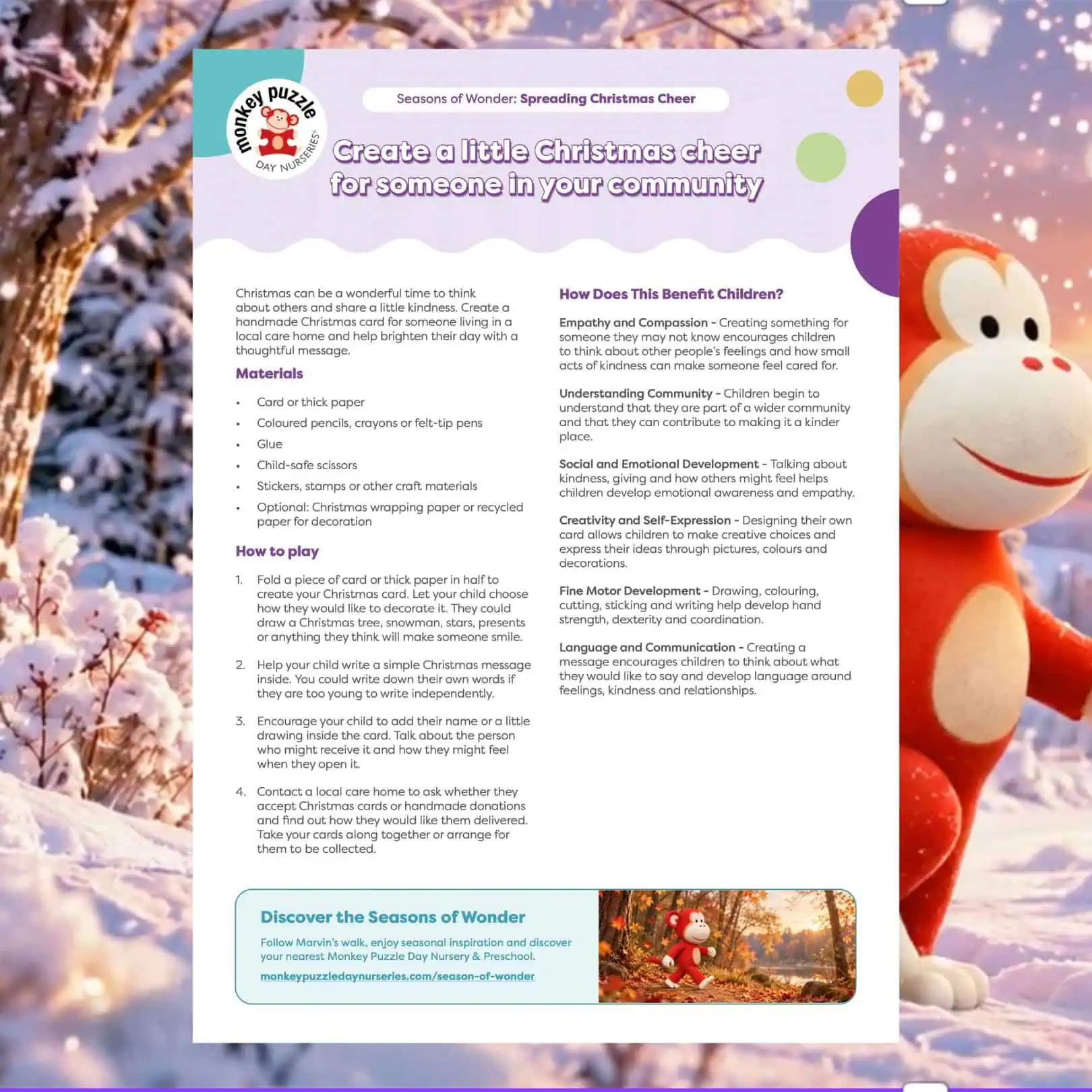 Festive Christmas scene with a snowman and decorated trees, promoting community spirit and holiday cheer at Monkey Puzzle Day Nurseries.