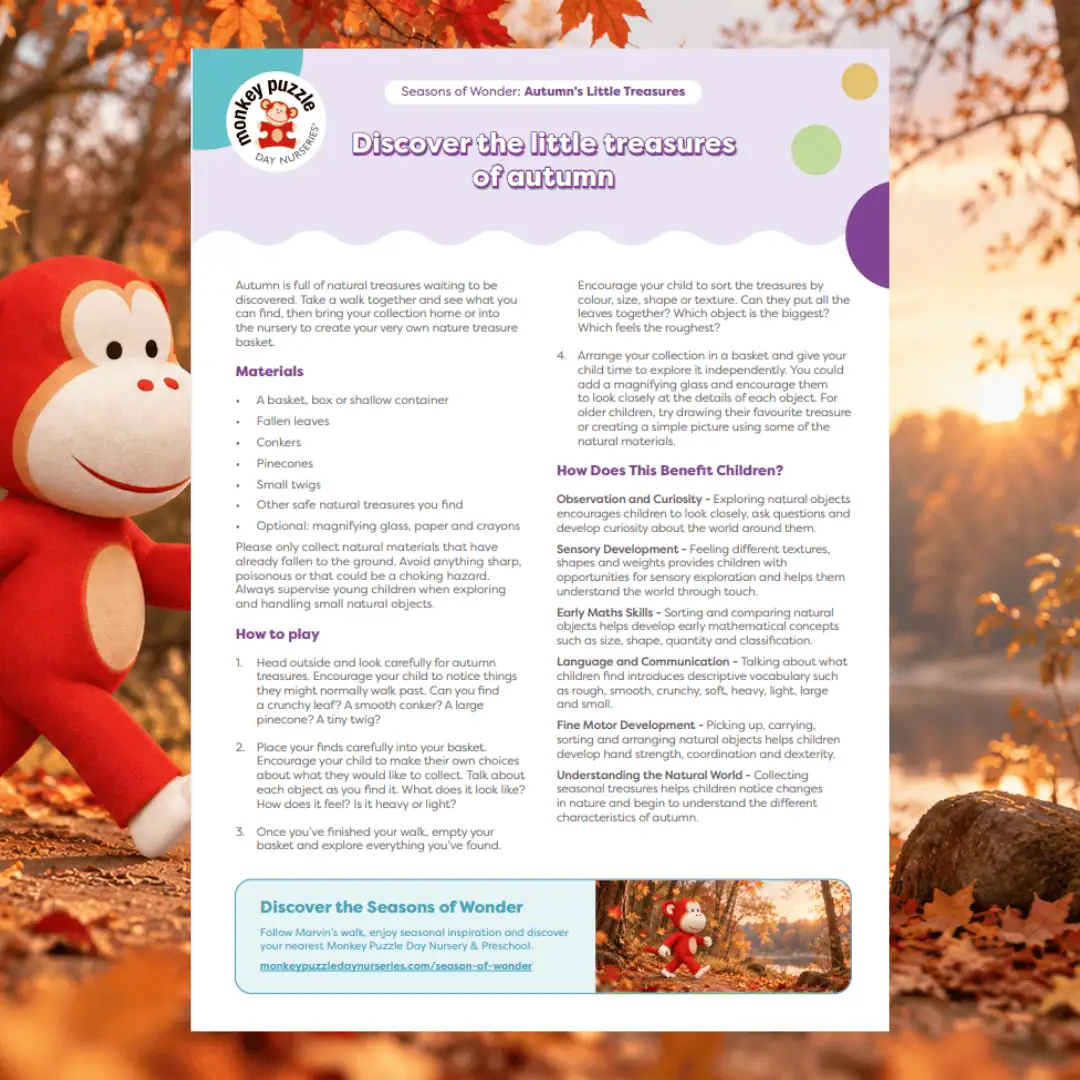 Autumn-themed activity sheet for children to discover treasures of fall at Monkey Puzzle Day Nurseries.
